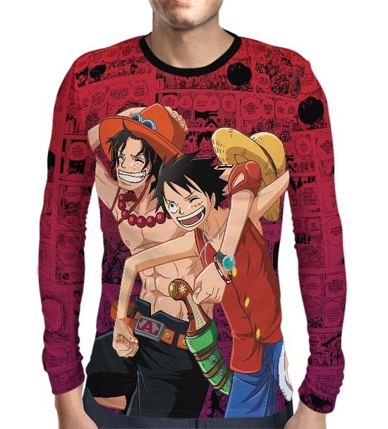 Camisa Manga Longa Red Mangá Luffy e Ace - One Piece - Print