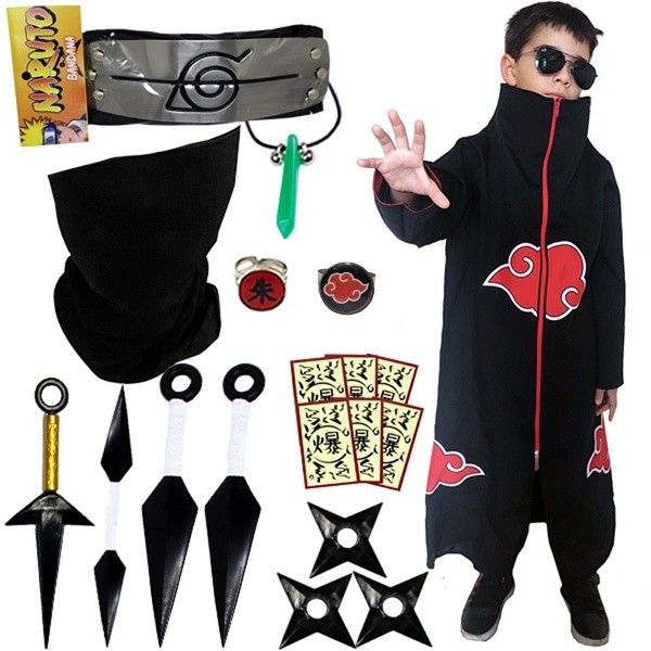 Kit Naruto C/ Manto Akatsuki Infantil + 18 Itens Coleção