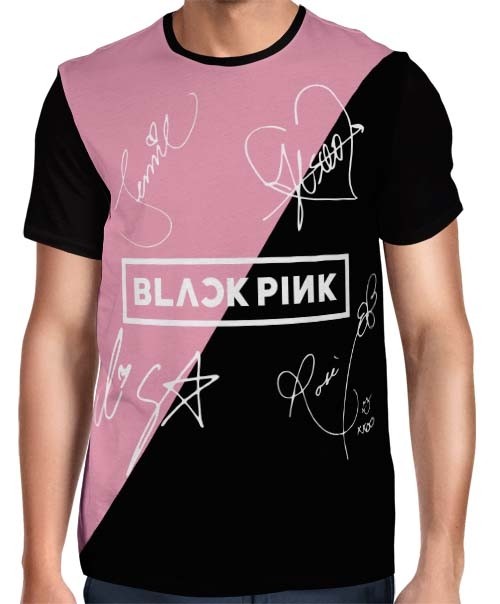 Camisa FULL Blackpink - Autógrafos Preto/Rosa/Branca - Só Frente - K-Pop