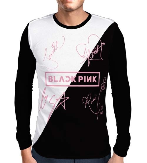 Camisa Manga Longa Blackpink - Autógrafos Preto/Branco - Só Frente - K-Pop