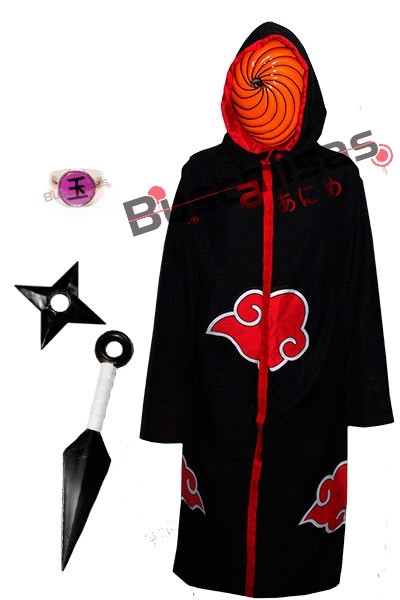 Manto Akatsuki com Capuz, Mascara, Kit Ninja e Anel Tobi A24