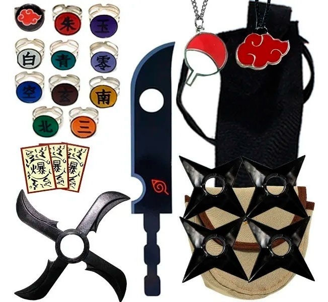 Kit Ninja Naruto Super Shuriken Colar Akatsuki + 11 Anéis