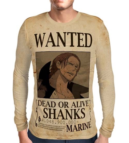 Camisa Manga Longa Print Wanted Shanks Com Recompensa - One Piece