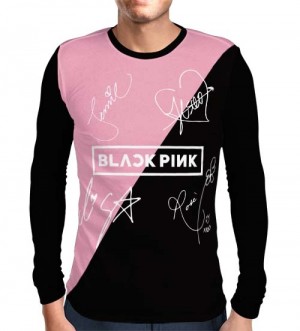 Camisa Manga Longa Blackpink - Autógrafos Preto/Rosa - Só Frente - K-Pop