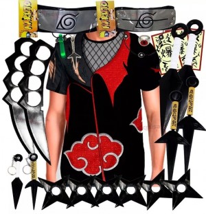 Kit Ninja Kunai Camisa Uniforme Akatsuki Naruto Anel Colar Shuriken Bandana Itachi K63