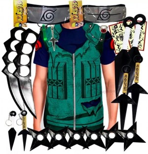 Kit Ninja Kunai Camisa Uniforme Kakashi Naruto Anel Colar Shuriken Bandana Itachi K64