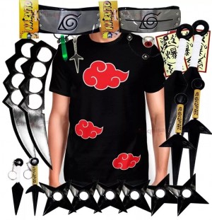 Kit Ninja Kunai Camisa Akatsuki Naruto Anel Colar Shuriken Bandana Itachi K60