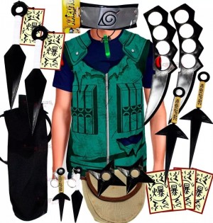 Kit Ninja Camisa Uniforme Kakashi Naruto Kunai Colar Verde Shuriken Bandana Minato K73