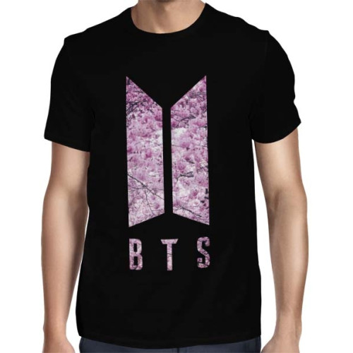 Camisa BTS Logo Cherry Blossom Preta - Só Frente - K-Pop - Camisas